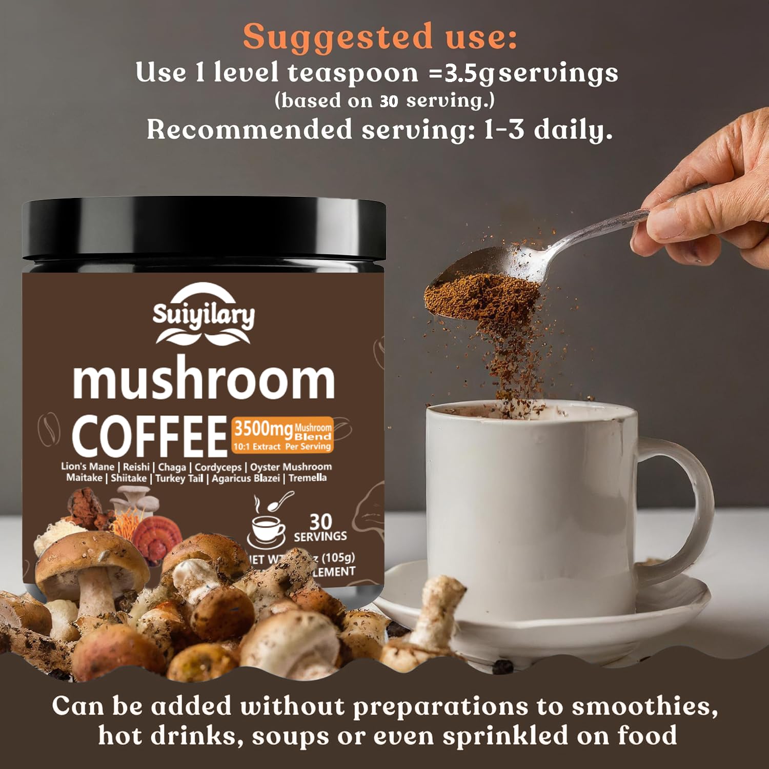 Suiyilary 10 Mushroom Coffee with Arabica w, Lion's Mane, Reishi, Mushroom Polysaccharides & More, Instant Mushrooms Powder for Focus, Immunity Boost, - PrimeBioHealth - canada supplements