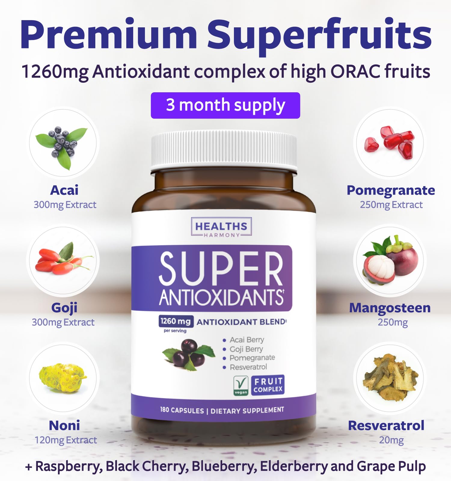 Super Antioxidants Supplement for Women & Men - High Potency Herbal & Fruit Blend with Acai, Goji, Pomegranate, Elderberry & Resveratrol for Skin Care & Immune Support - Vegan & Non-GMO - 60 Capsules - PrimeBioHealth - canada supplements