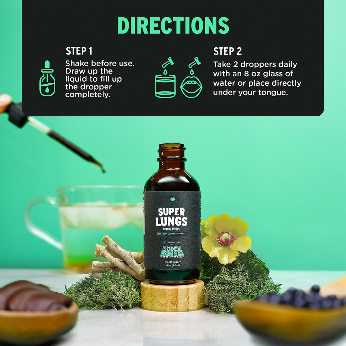 SuperBonsai Super Lungs Mullein Drops – Herbal Lung Support Tincture with Mullein Leaf Extract Elderberry Reishi Marshmallow Root - PrimeBioHealth - canada supplements