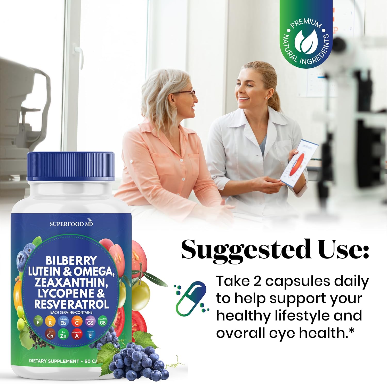 Superfood MD Eye Health Vitamins with Bilberry Lutein & Zeaxanthin Lycopene 40mg Resveratrol Grape Seed Extract Astaxanthin- AREDS 2 - Eye Vitamin - 120 Capsules - PrimeBioHealth - canada supplements