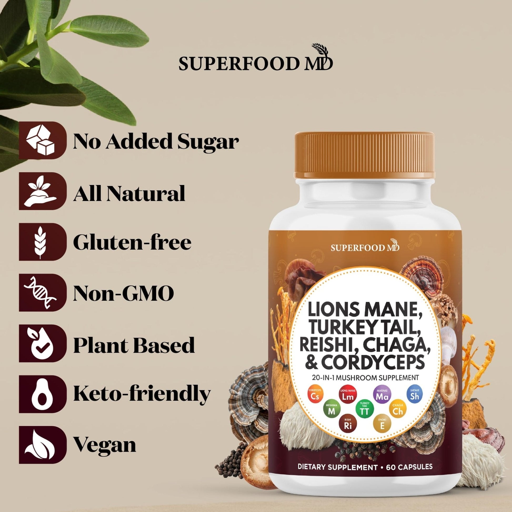 Superfood MD Lions Mane Mushroom Supplement with Turkey Tail Reishi Cordyceps Chaga with Marshmallow Root - 120 Count - PrimeBioHealth - canada supplements