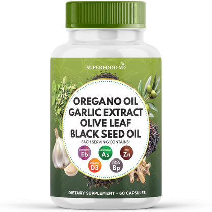 Superfood MD Oregano Oil Garlic Extract Olive Leaf Black Seed Oil Astragalus- for Women and Men- 60 Count - PrimeBioHealth - canada supplements