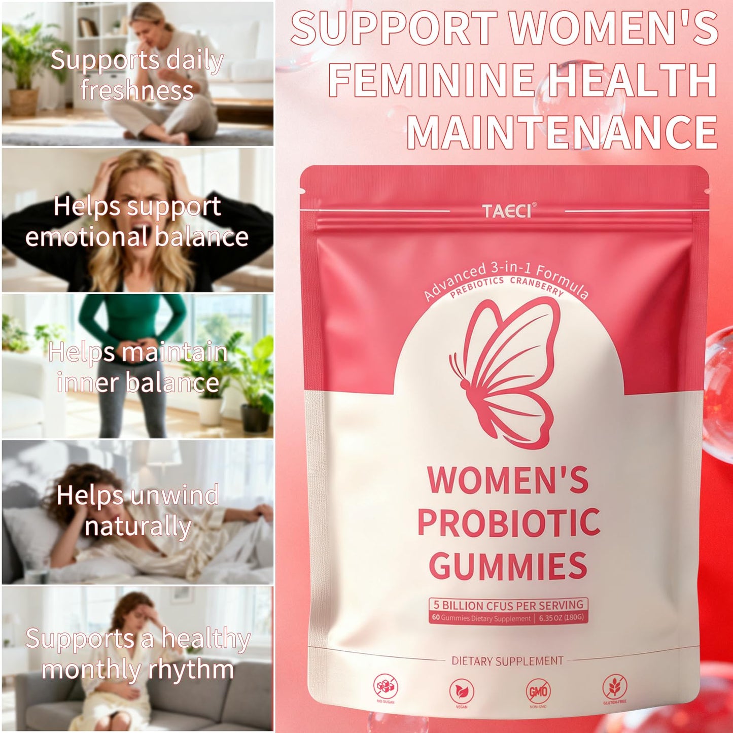 Taeci Vaginal Probiotic Gummies for Women – 5 Billion CFU with Prebiotic & Cranberry Extract – Supports pH Balance, Healthy Odor & Gut Health - PrimeBioHealth - canada supplements