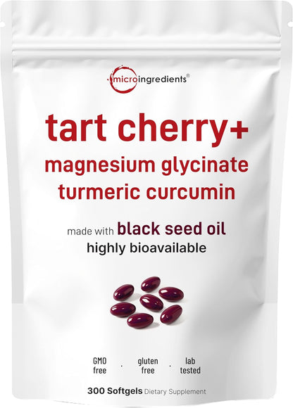 Tart Cherry+ with Magnesium Glycinate & 95% Turmeric Curcumin, 300 Softgels | Made with Black Seed Oil | Tart Cherry Extract Supplement | 3-in-1 Herbal & Mineral Complex | Non-GMO, Gluten Free - PrimeBioHealth - canada supplements