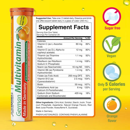 T&D German Multvitamin 10 Vitamins - 40 Vegan Drink Effervescent Tablets - Orange Flavor - PrimeBioHealth - canada supplements