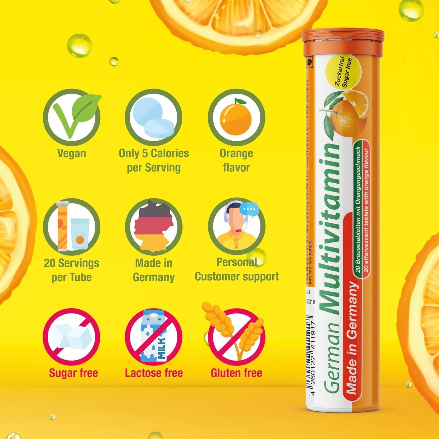 T&D German Multvitamin 10 Vitamins - 40 Vegan Drink Effervescent Tablets - Orange Flavor - PrimeBioHealth - canada supplements
