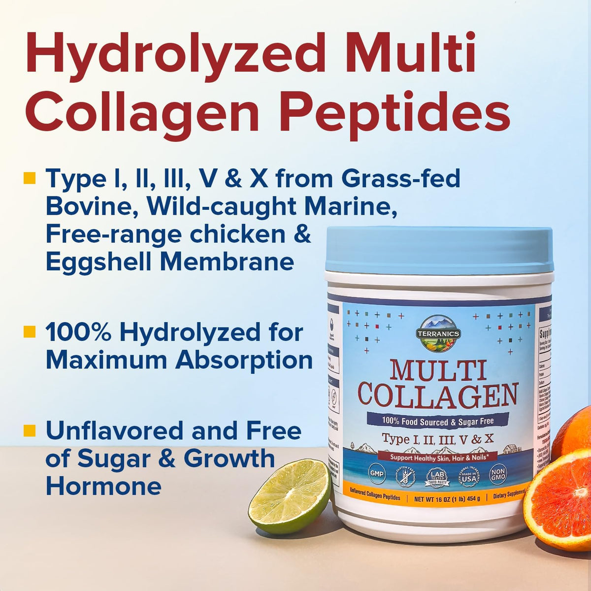 Terranics Multi Collagen Peptides Powder, Type I II III V X Hydrolyzed Collagen for Women+Men, Collagen Supplements, Fast Dissolve - PrimeBioHealth - canada supplements
