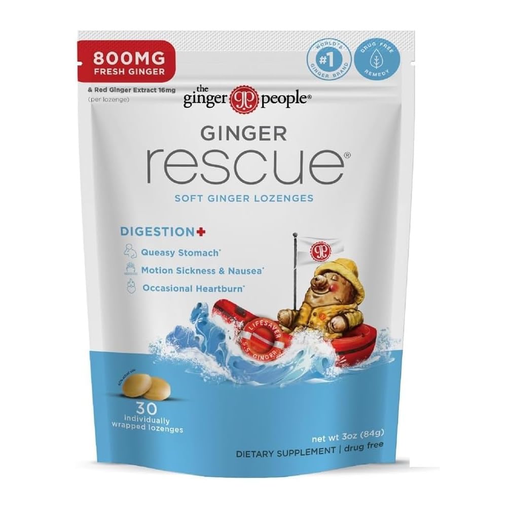 The Ginger People Ginger Rescue Digestive Wellness Lozenges (Soft) | Extra Strength - 800mg | Nausea, Upset Stomach, Motion Sickness - PrimeBioHealth - canada supplements