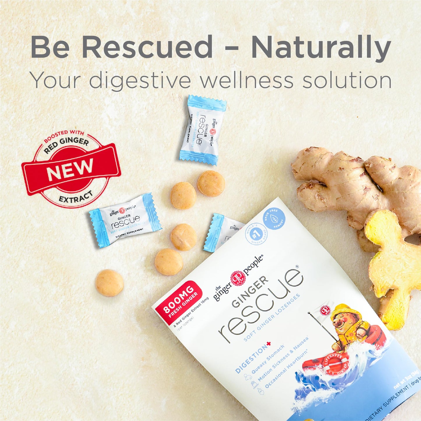 The Ginger People Ginger Rescue Digestive Wellness Lozenges (Soft) | Extra Strength - 800mg | Nausea, Upset Stomach, Motion Sickness - PrimeBioHealth - canada supplements