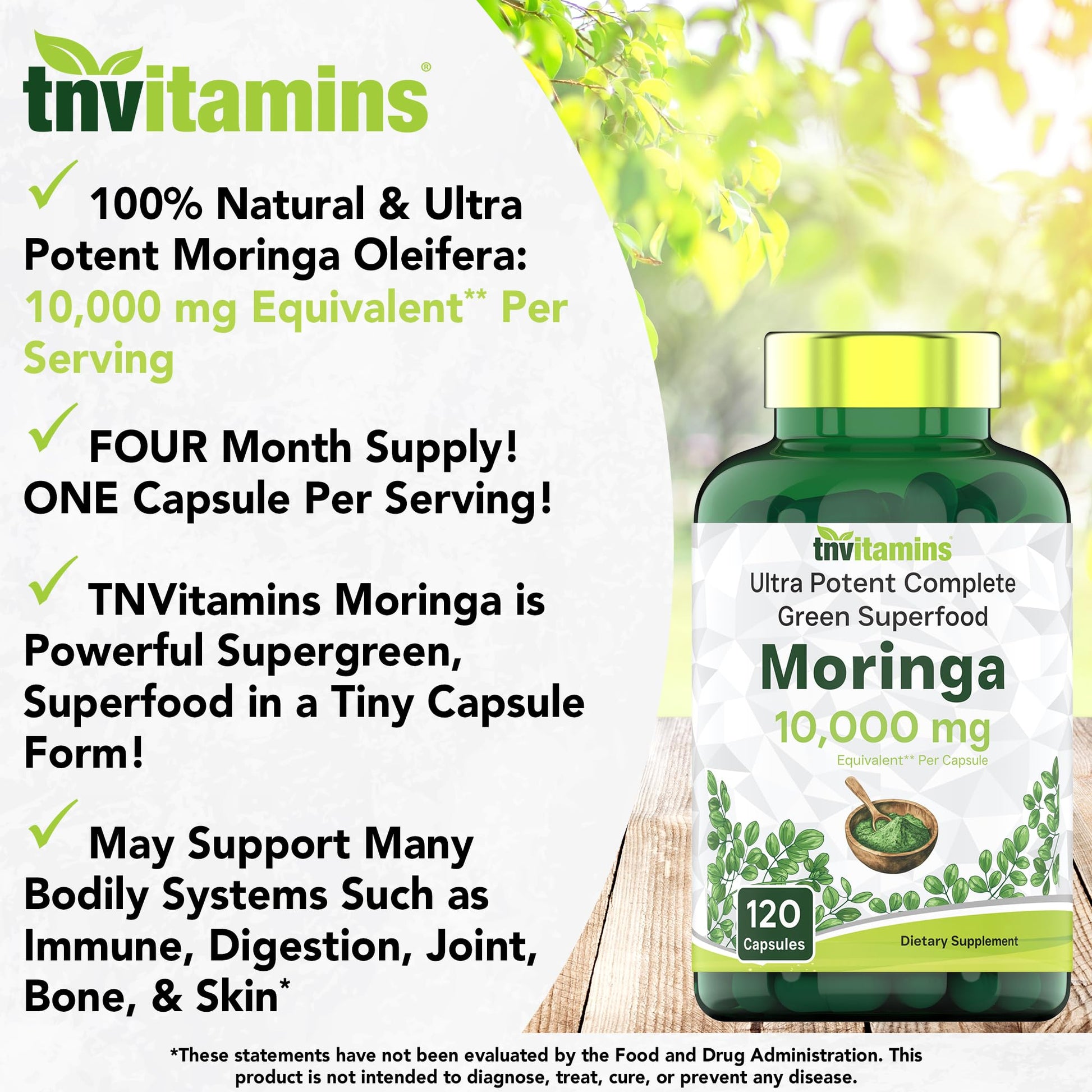 tnvitamins Moringa Capsules 10,000 mg - 120 Capsules | High Potency Moringa Leaf Extract Superfood Supplement for Energy - PrimeBioHealth - canada supplements