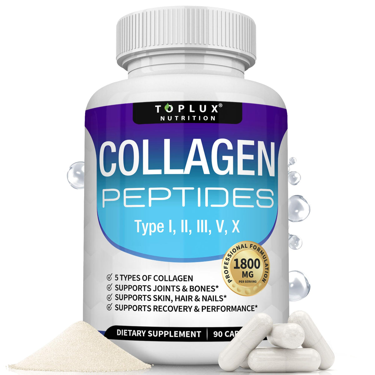Toplux Multi Collagen Peptides Pills 1800 Mg Complex - Type I, II, III, V, X Premium Collagen Complex for Better Skin & Hair, Strong Joint, Hydrolyzed Protein - PrimeBioHealth - canada supplements