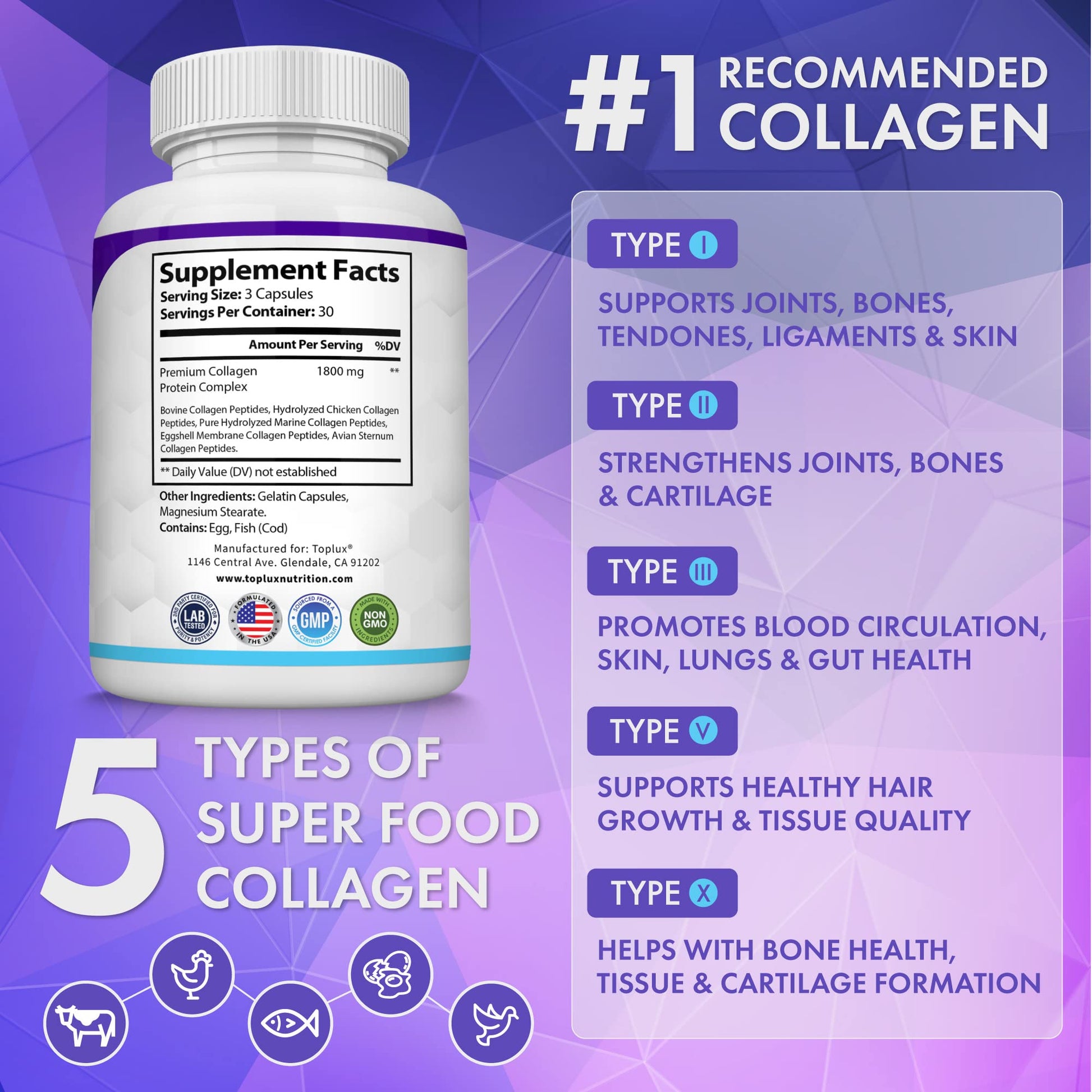 Toplux Multi Collagen Peptides Pills 1800 Mg Complex - Type I, II, III, V, X Premium Collagen Complex for Better Skin & Hair, Strong Joint, Hydrolyzed Protein - PrimeBioHealth - canada supplements