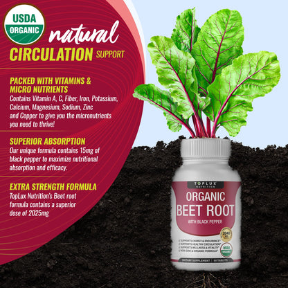Toplux Organic Beet Root Powder Tablets - 2040mg Natural Nitric Oxide Beets to Support, Energy, Black Pepper Better Absorption, Non-GMO, for Men Women, 90 Tablets - PrimeBioHealth - canada supplements