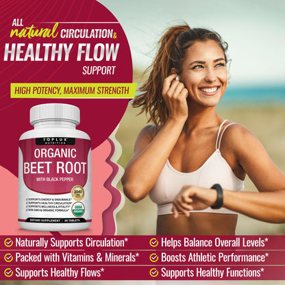 Toplux Organic Beet Root Powder Tablets - 2040mg Natural Nitric Oxide Beets to Support, Energy, Black Pepper Better Absorption, Non-GMO, for Men Women, 90 Tablets - PrimeBioHealth - canada supplements