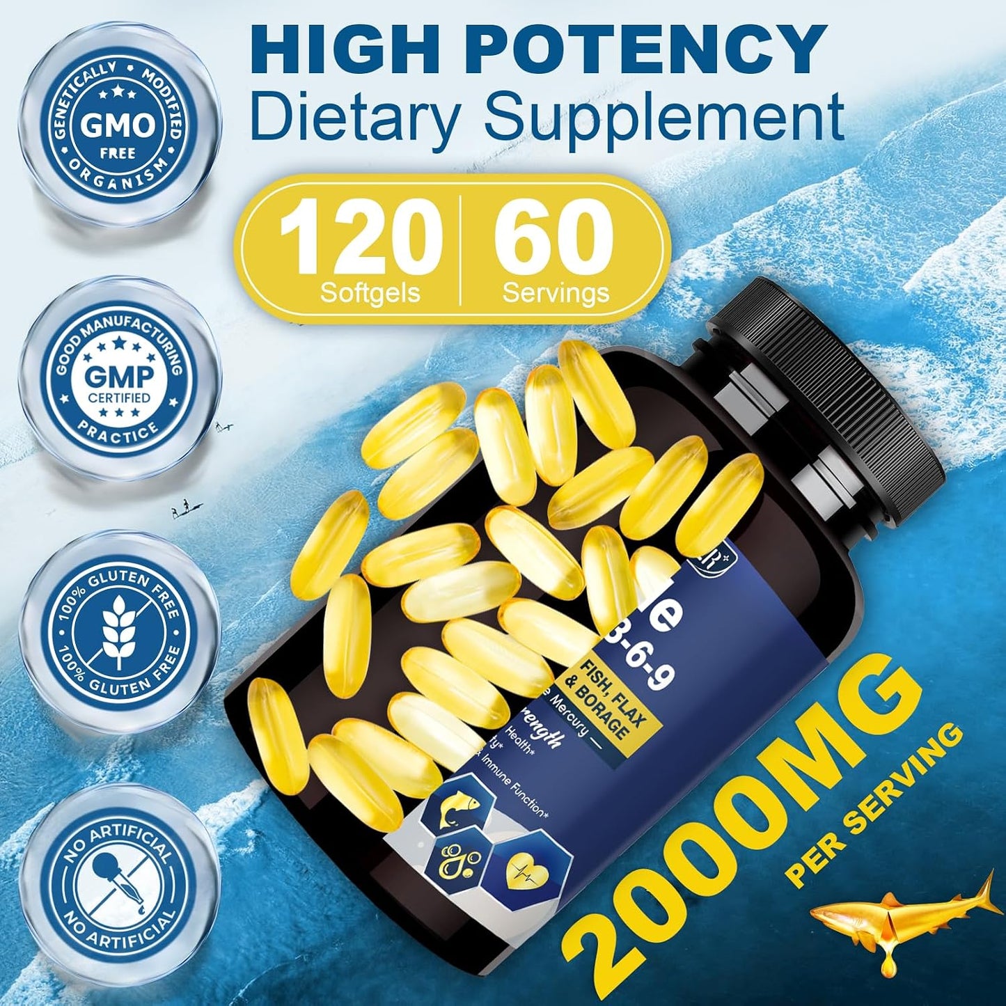 Triple Omega 3-6-9 Fish Oil 2000mg with Vitamin E - EPA & DHA Fatty Acids Supplement - Supports Heart, Brain, Eye, Joint, Skin & Immune Health - Includes Flaxseed & Borage, Non-GMO, 120 Softgels - PrimeBioHealth - canada supplements