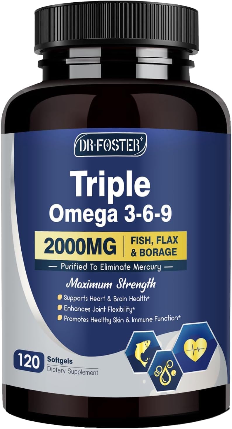 Triple Omega 3-6-9 Fish Oil 2000mg with Vitamin E - EPA & DHA Fatty Acids Supplement - Supports Heart, Brain, Eye, Joint, Skin & Immune Health - Includes Flaxseed & Borage, Non-GMO, 120 Softgels - PrimeBioHealth - canada supplements