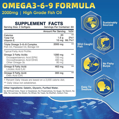 Triple Omega 3-6-9 Fish Oil 2000mg with Vitamin E - EPA & DHA Fatty Acids Supplement - Supports Heart, Brain, Eye, Joint, Skin & Immune Health - Includes Flaxseed & Borage, Non-GMO, 120 Softgels - PrimeBioHealth - canada supplements