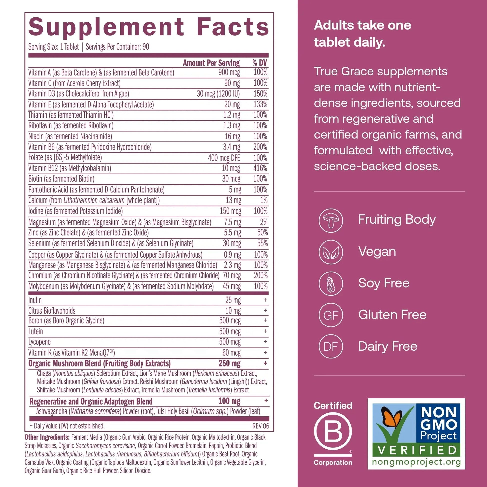 True Grace One Daily Women’s Multivitamin 40+ Fermented Minerals, Organic Adaptogens & Mushrooms Energy, Immune, Bone Support - PrimeBioHealth - canada supplements