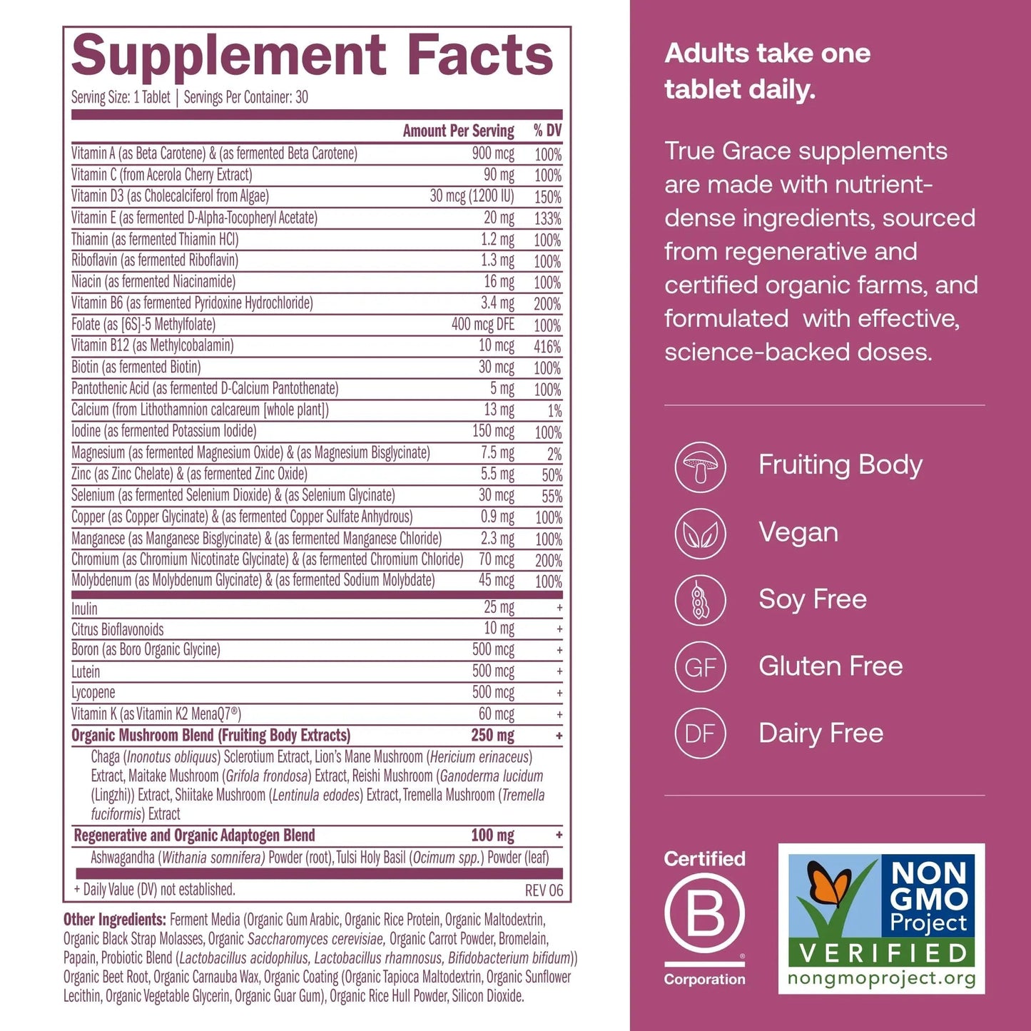 True Grace One Daily Women’s Multivitamin 40+ Fermented Minerals, Organic Adaptogens & Mushrooms Energy, Immune, Bone Support - PrimeBioHealth - canada supplements