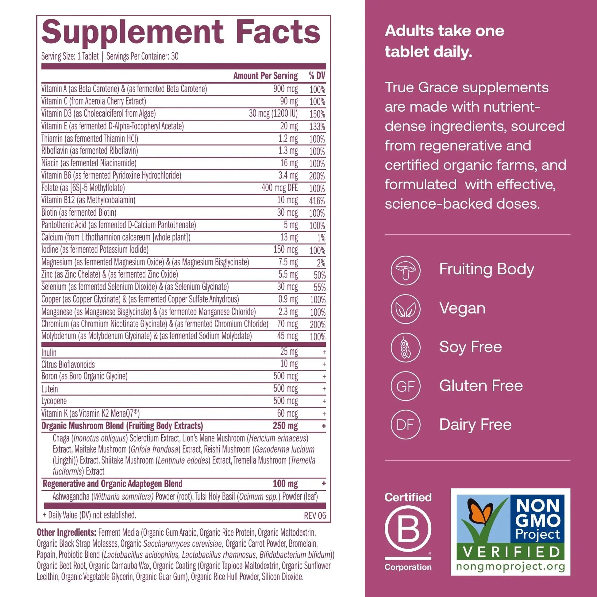 True Grace One Daily Women’s Multivitamin 40+ Fermented Minerals, Organic Adaptogens & Mushrooms Energy, Immune, Bone Support - PrimeBioHealth - canada supplements