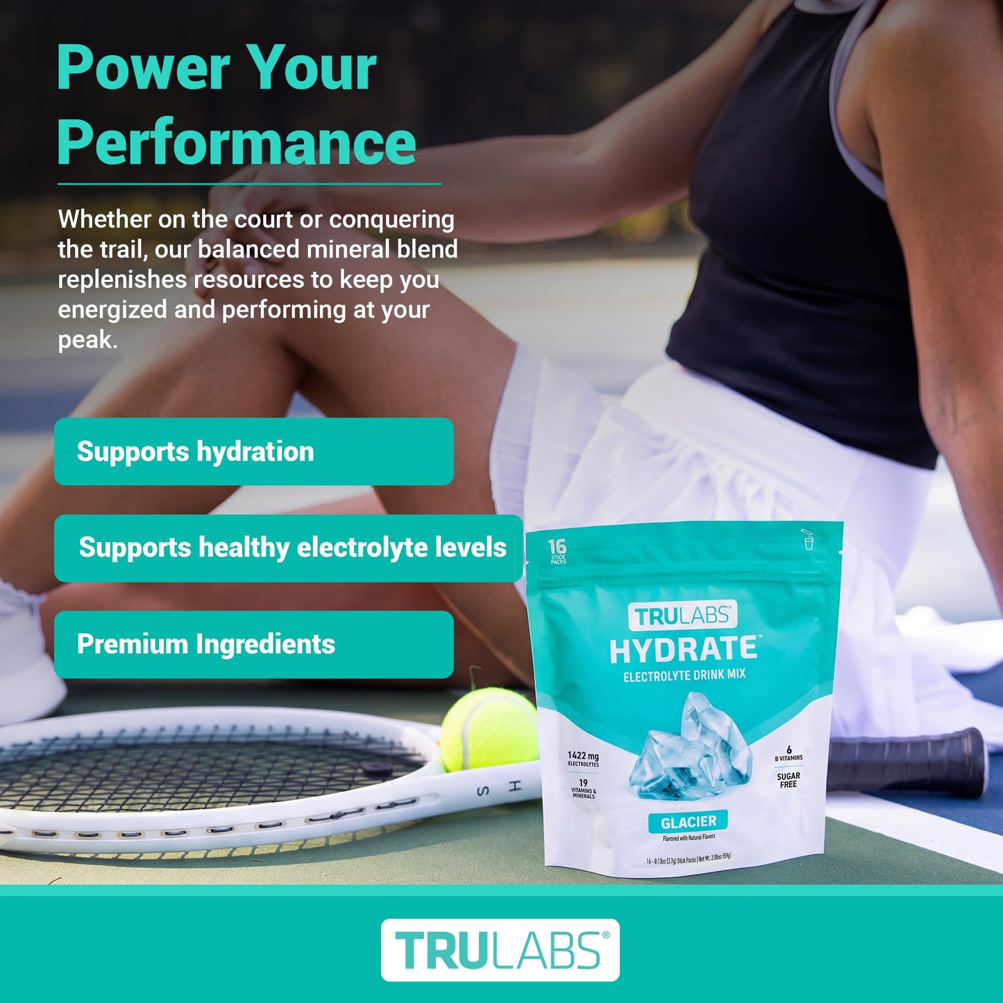TRULABS Hydrate Electrolyte Drink Mix – Glacier Flavor, Sugar-Free Hydration Packets with 1422 mg Electrolytes & 19 Vitamins & Minerals, Monk Fruit Sweetened, On-the-Go Sticks (16 Count) - PrimeBioHealth - canada supplements