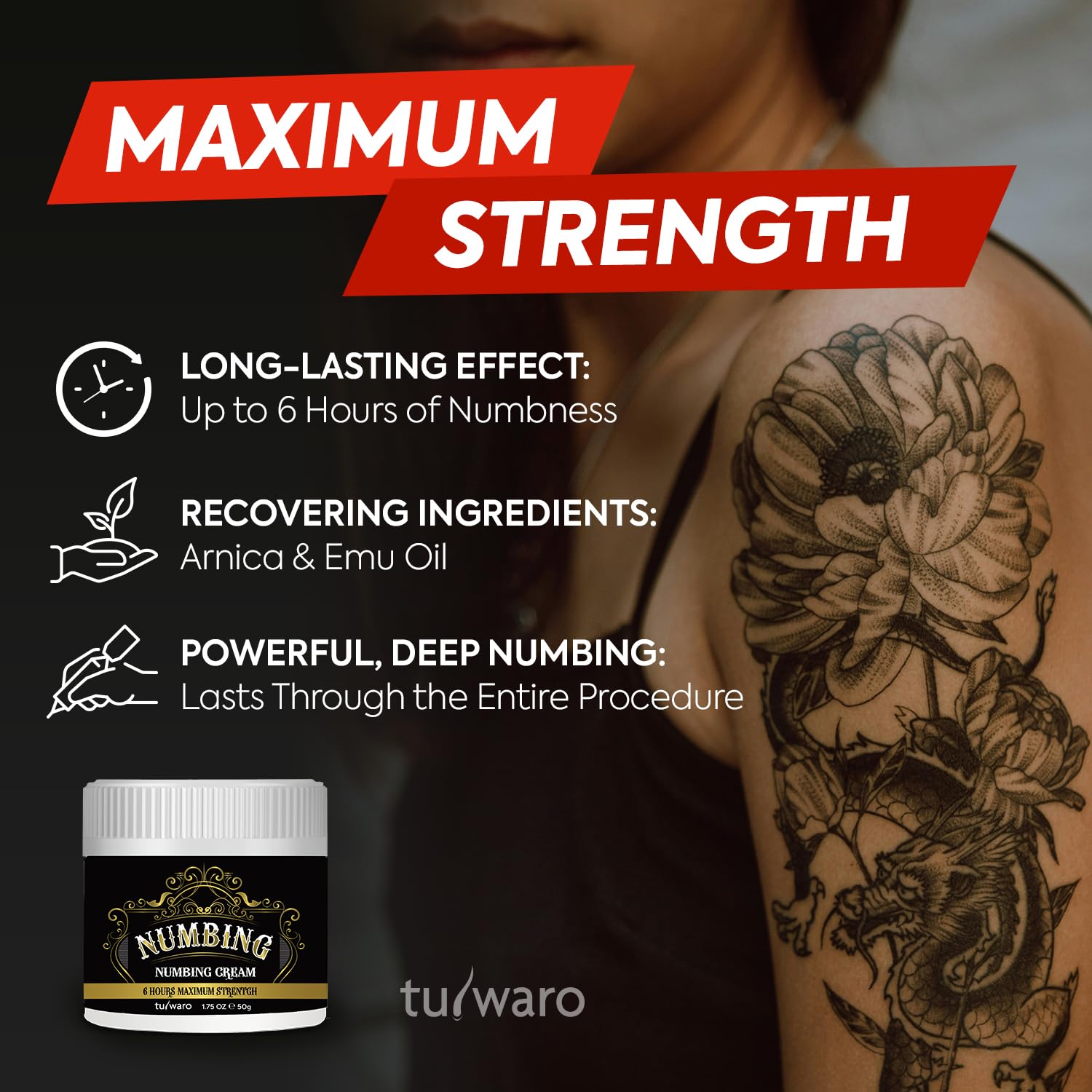 tuiwaro Numbing Cream Extra Strength: Relief Long Lasting & Fast-Absorbing with Emu Oil and Arnica — Non-Greasy 50 mL - PrimeBioHealth - canada supplements