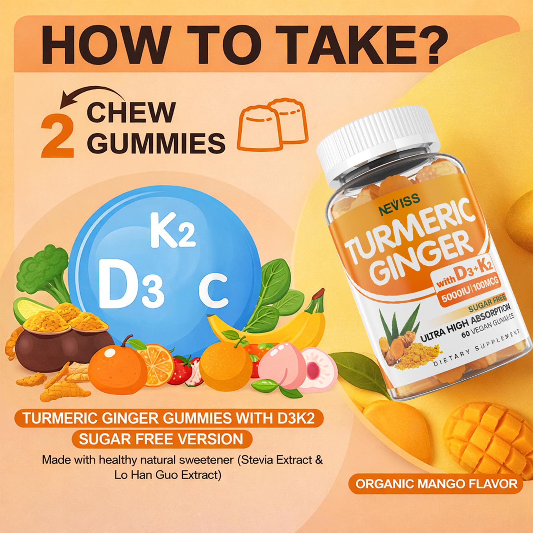Turmeric and Ginger Gummies Supplement 1500mg w/Vitamin D3 5000 IU, K2 (MK7) & Black Pepper, Sugar Free Vegan Ginger and Turmeric Curcumin Supplements Gummy for Bone, Immune & Digestive Health, 120ct - PrimeBioHealth - canada supplements