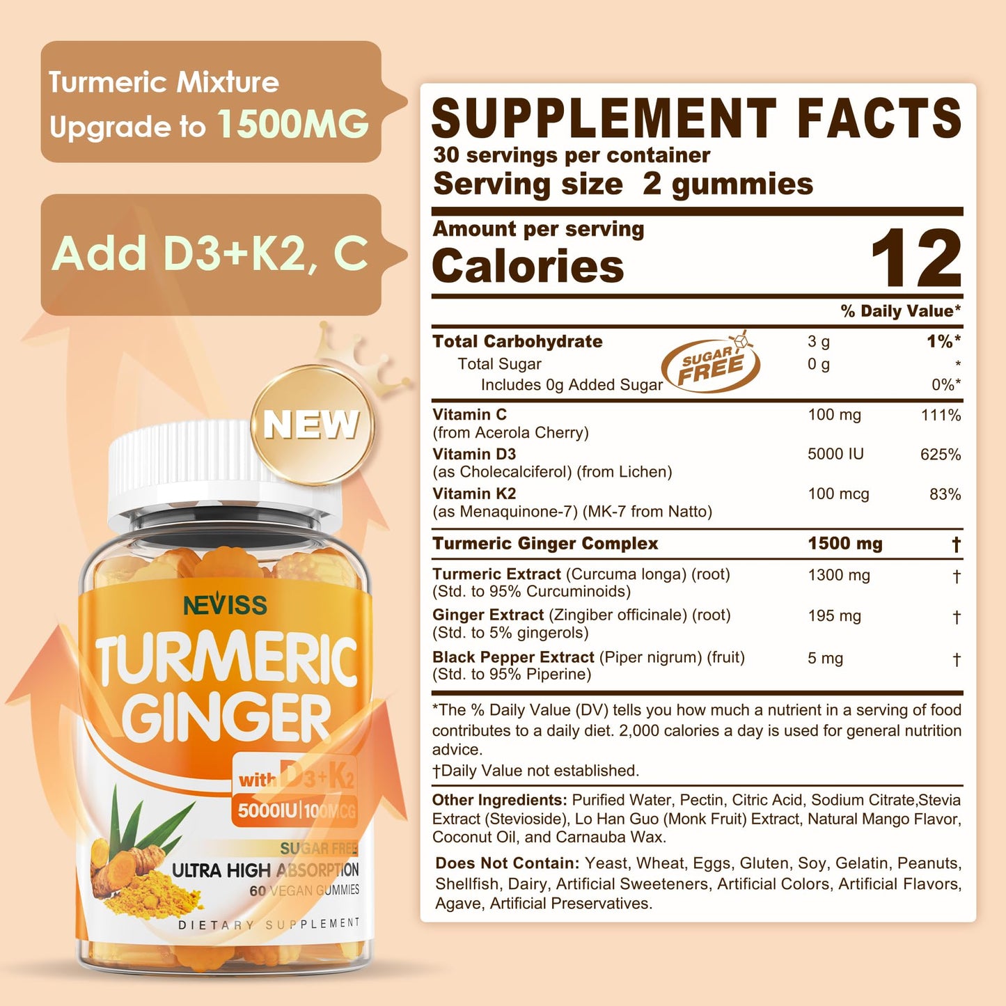 Turmeric and Ginger Gummies Supplement 1500mg w/Vitamin D3 5000 IU, K2 (MK7) & Black Pepper, Sugar Free Vegan Ginger and Turmeric Curcumin Supplements Gummy for Bone, Immune & Digestive Health, 120ct - PrimeBioHealth - canada supplements