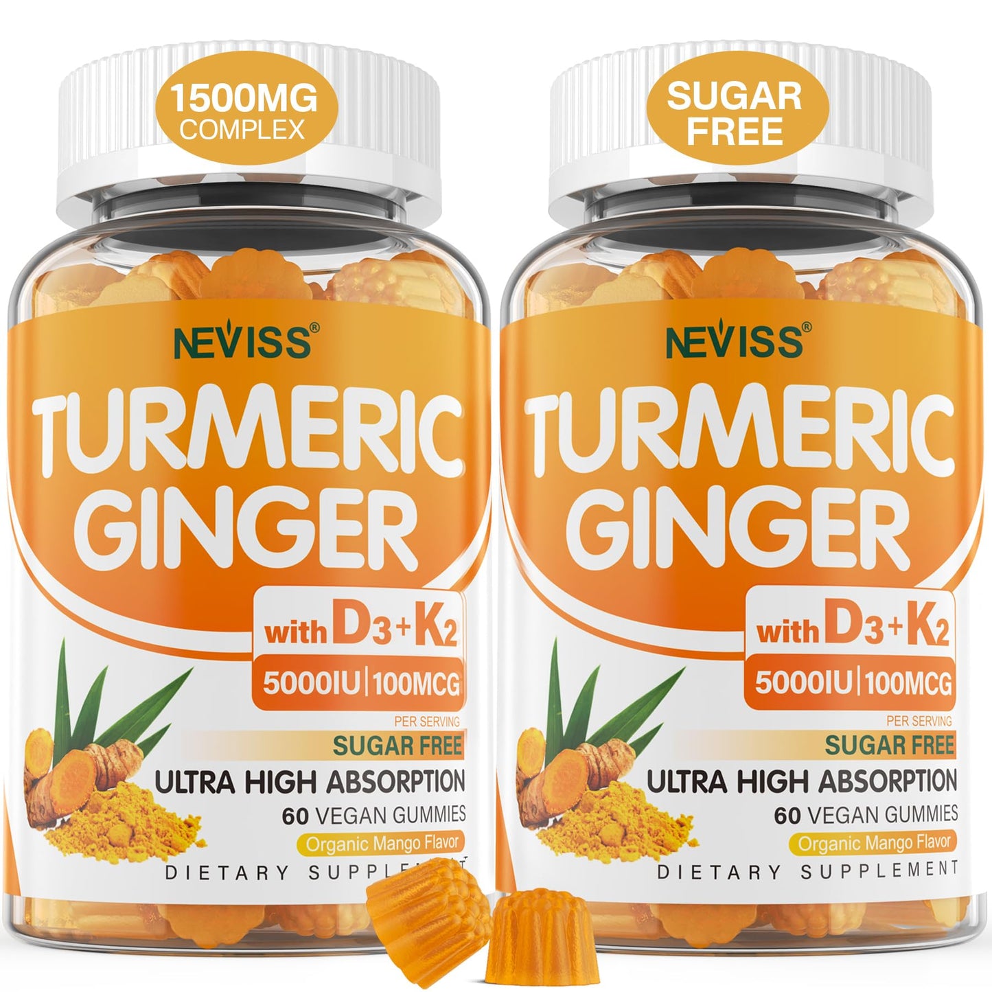 Turmeric and Ginger Gummies Supplement 1500mg w/Vitamin D3 5000 IU, K2 (MK7) & Black Pepper, Sugar Free Vegan Ginger and Turmeric Curcumin Supplements Gummy for Bone, Immune & Digestive Health, 120ct - PrimeBioHealth - canada supplements