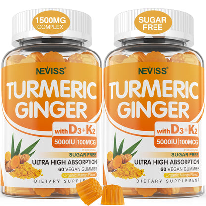 Turmeric and Ginger Gummies Supplement 1500mg w/Vitamin D3 5000 IU, K2 (MK7) & Black Pepper, Sugar Free Vegan Ginger and Turmeric Curcumin Supplements Gummy for Bone, Immune & Digestive Health, 120ct - PrimeBioHealth - canada supplements