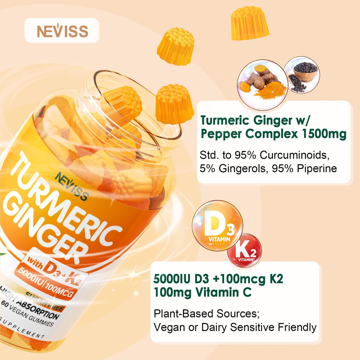 Turmeric and Ginger Gummies Supplement 1500mg w/Vitamin D3 5000 IU, K2 (MK7) & Black Pepper, Sugar Free Vegan Ginger and Turmeric Curcumin Supplements Gummy for Bone, Immune & Digestive Health, 120ct - PrimeBioHealth - canada supplements