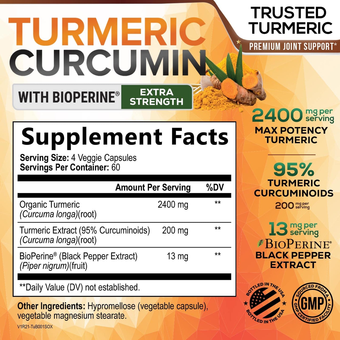 Turmeric Curcumin Supplement - 2400mg Organic Turmeric Per Serving - 95% Curcuminoids & BioPerine Black Pepper Extract for Best Absorption - Natural Vegan Joint Support - PrimeBioHealth - canada supplements