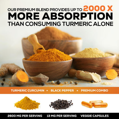 Turmeric Curcumin Supplement - 2400mg Organic Turmeric Per Serving - 95% Curcuminoids & BioPerine Black Pepper Extract for Best Absorption - Natural Vegan Joint Support - PrimeBioHealth - canada supplements