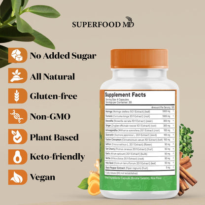 Turmeric Moringa Supplement | Ginger, Boswellia, Saffron, Holy Basil- Joint Support Supplement for Women and Men with Ceylon Cinnamon, Quercetin, Tart Cherry- 240 Count - PrimeBioHealth - canada supplements