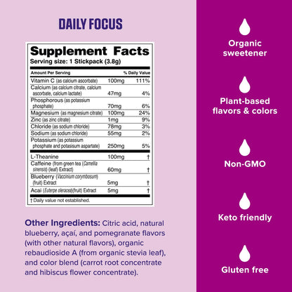 Ultima Replenisher Daily Focus Supplement & Electrolytes Powder - Acai Blueberry, 14 Stickpacks - Hydration Packets, 60mg Caffeine from Green Tea Extract & L-Theanine - PrimeBioHealth - canada supplements
