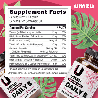 UMZU Daily B, 30 Day Supply – Complete Vitamin B Complex Supplement Blend with B1, B2, B3, B5, B6, B7, B9 & B12 Plus Folic Acid & Biotin – Supports Energy, Focus, Mood, - PrimeBioHealth - canada supplements