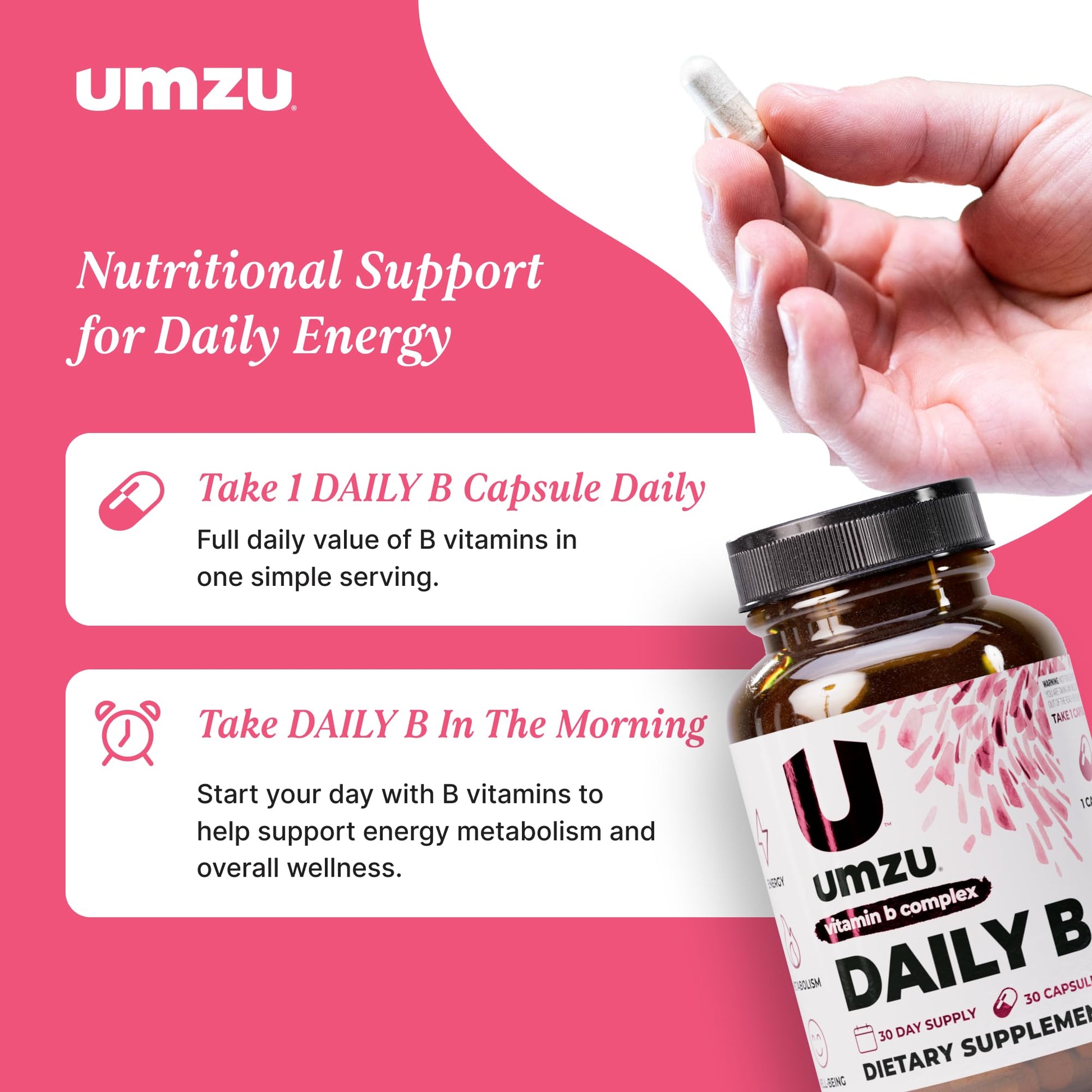 UMZU Daily B, 30 Day Supply – Complete Vitamin B Complex Supplement Blend with B1, B2, B3, B5, B6, B7, B9 & B12 Plus Folic Acid & Biotin – Supports Energy, Focus, Mood, - PrimeBioHealth - canada supplements