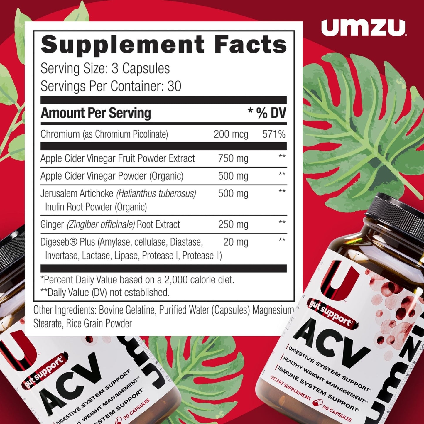 UMZU zuACV Apple Cider Vinegar + Prebiotics Supplement, (30 Day Supply) – ACV & Inulin Fiber Blend – Gut Health Support with ACV Capsules - PrimeBioHealth - canada supplements