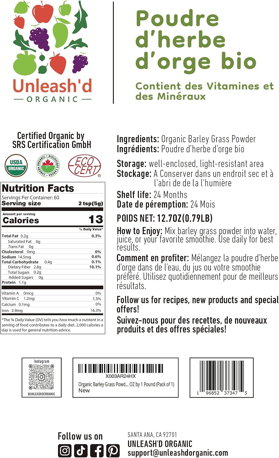 Unleash’d Organic Barley Grass Powder 16 oz – 100% Pure Organic Superfood, Nutrient-Rich Greens with Vitamins, Minerals & Fiber - PrimeBioHealth - canada supplements