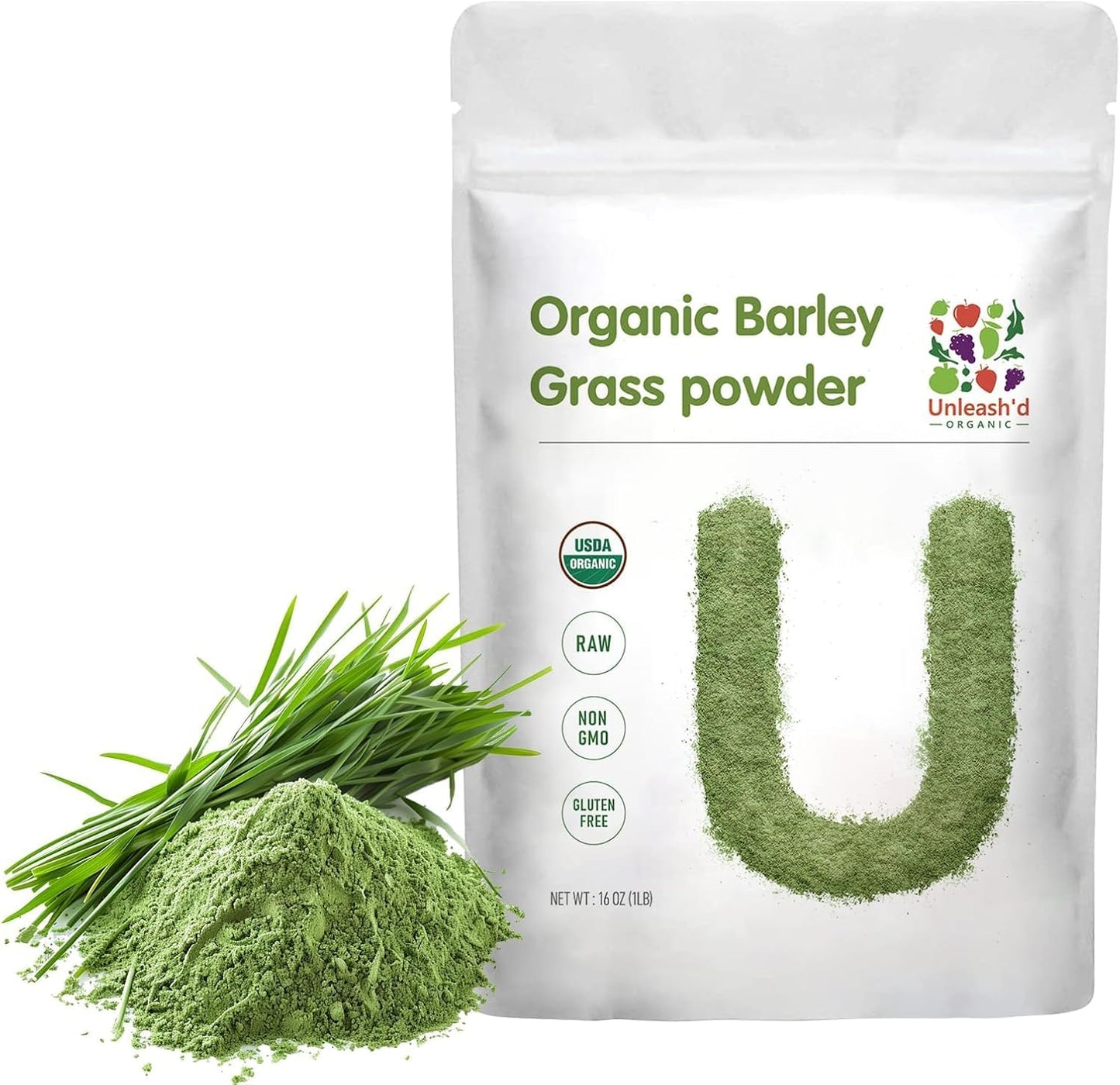 Unleash’d Organic Barley Grass Powder 16 oz – 100% Pure Organic Superfood, Nutrient-Rich Greens with Vitamins, Minerals & Fiber - PrimeBioHealth - canada supplements
