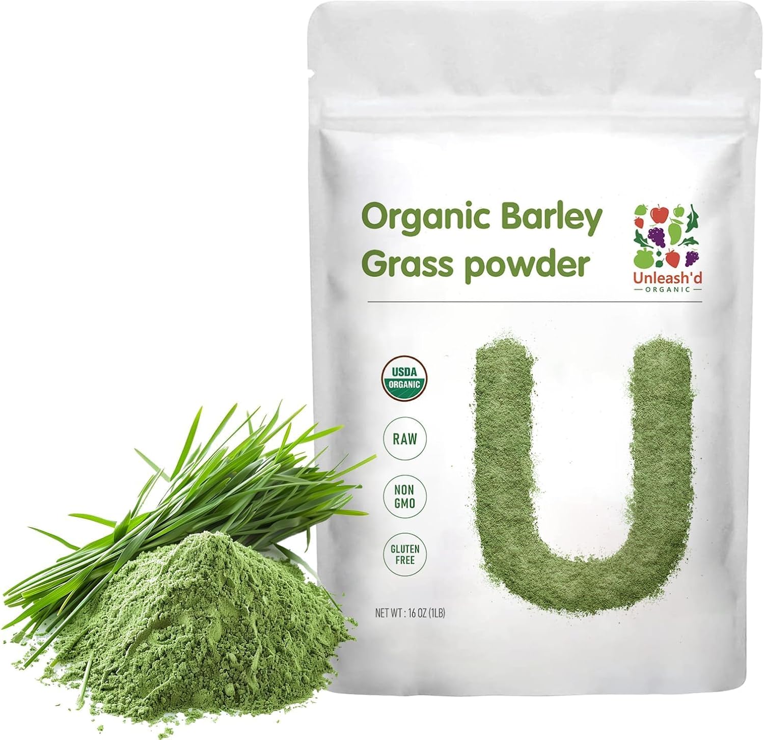 Unleash’d Organic Barley Grass Powder 16 oz – 100% Pure Organic Superfood, Nutrient-Rich Greens with Vitamins, Minerals & Fiber - PrimeBioHealth - canada supplements