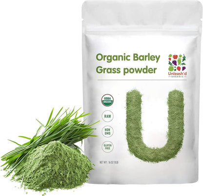 Unleash’d Organic Barley Grass Powder 16 oz – 100% Pure Organic Superfood, Nutrient-Rich Greens with Vitamins, Minerals & Fiber - PrimeBioHealth - canada supplements