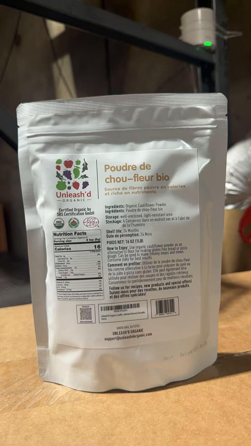Unleash’d Organic Cauliflower Powder 16 oz – 100% Pure Natural Superfood, Rich in Vitamins, Nutrient-Dense & Versatile - PrimeBioHealth - canada supplements