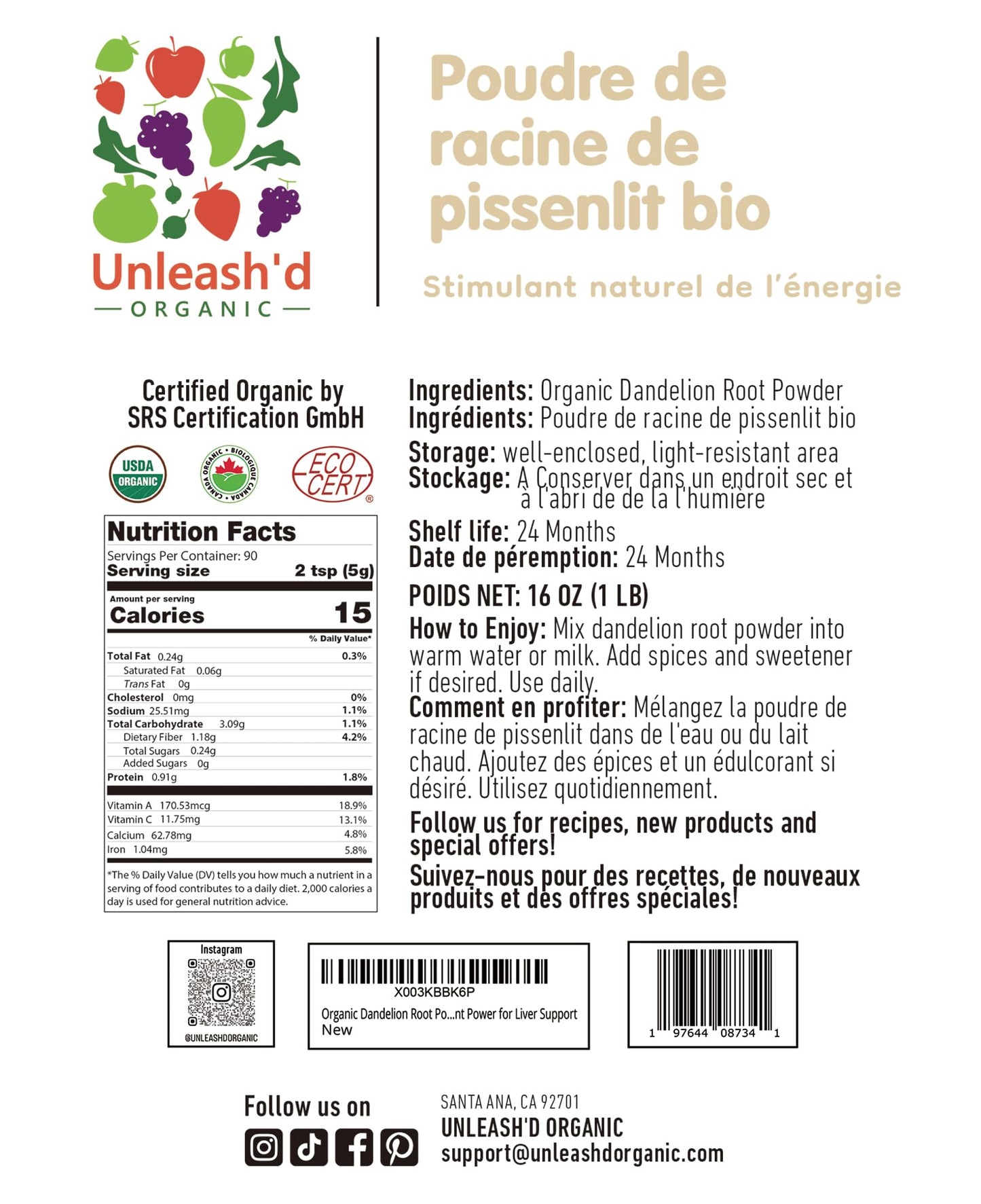 Unleash’d Organic Dandelion Root Powder 16oz – Organic, Vegan, for Tea & Drinks, Supports Detox & Digestive Health - PrimeBioHealth - canada supplements