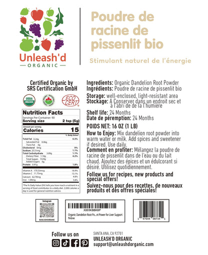 Unleash’d Organic Dandelion Root Powder 16oz – Organic, Vegan, for Tea & Drinks, Supports Detox & Digestive Health - PrimeBioHealth - canada supplements