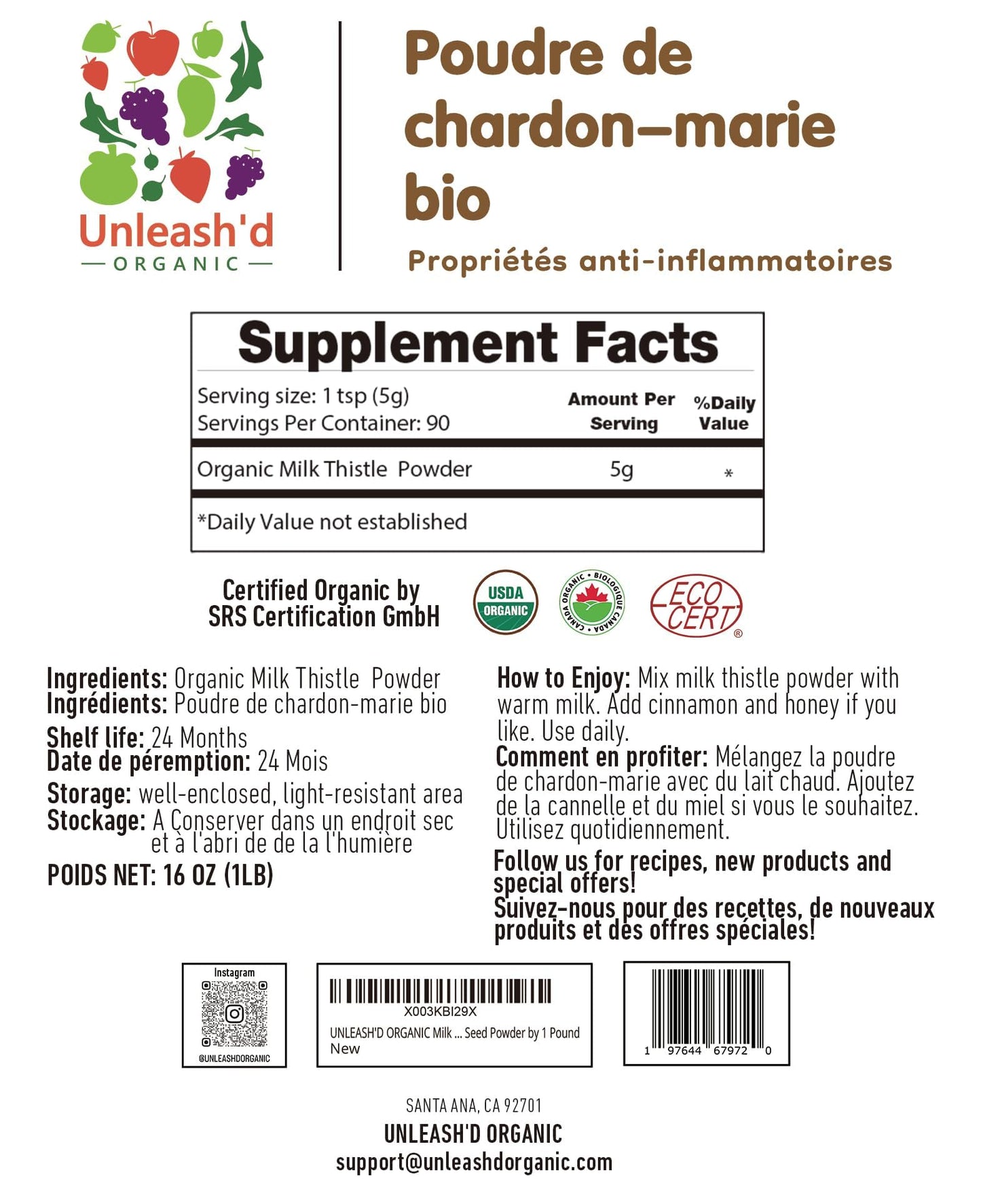 Unleash’d Organic Milk Thistle Powder 16oz – 100% Pure, Rich in Silymarin & Antioxidants, Supports Liver and Immune Health - PrimeBioHealth - canada supplements