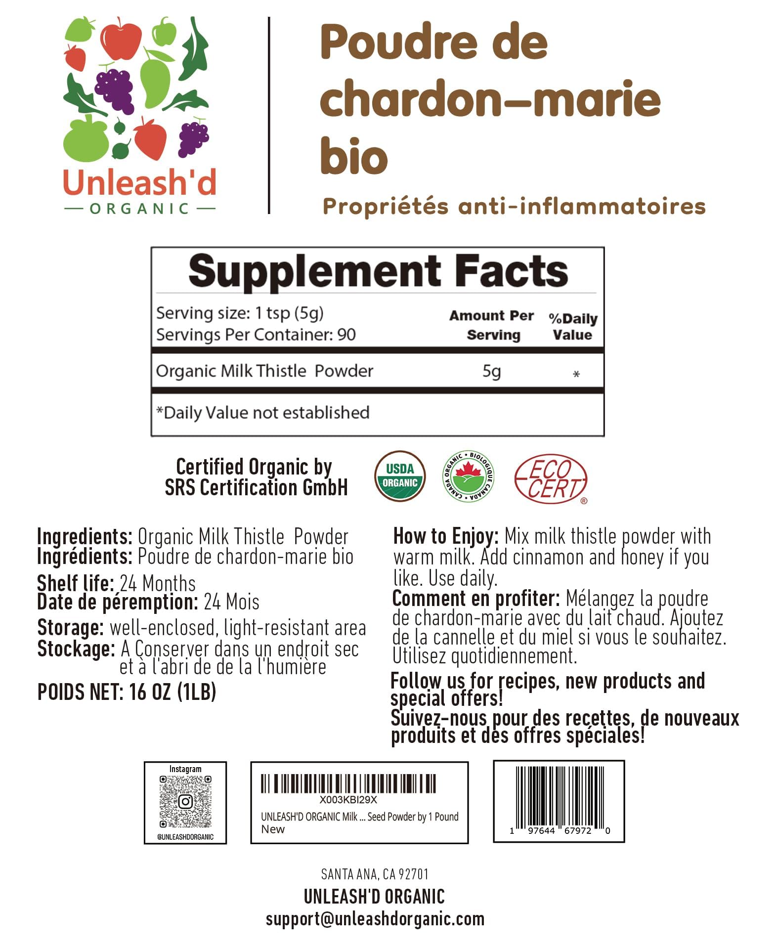 Unleash’d Organic Milk Thistle Powder 16oz – 100% Pure, Rich in Silymarin & Antioxidants, Supports Liver and Immune Health - PrimeBioHealth - canada supplements