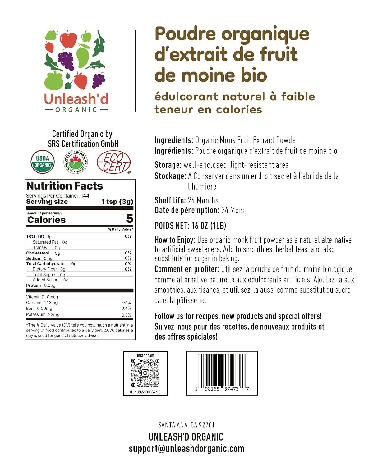 Unleash’d Organic Monk Fruit Powder 16 oz – Pure Unsweetened Monk Fruit, No Added Sugar, No Erythritol, Vegan, Non-GMO Sweetener Alternative - PrimeBioHealth - canada supplements