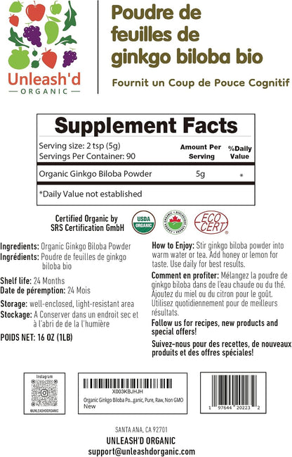 UNLEASH'D ORGANIC Organic Ginkgo Biloba Powder 16 oz, 100% Pure, Vegan, Raw, Non-GMO, Nutrient-Rich Superfood - PrimeBioHealth - canada supplements