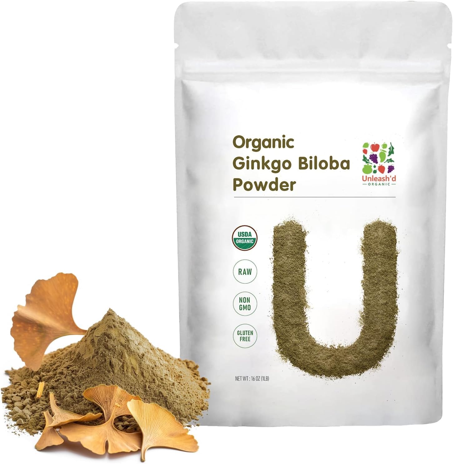 UNLEASH'D ORGANIC Organic Ginkgo Biloba Powder 16 oz, 100% Pure, Vegan, Raw, Non-GMO, Nutrient-Rich Superfood - PrimeBioHealth - canada supplements